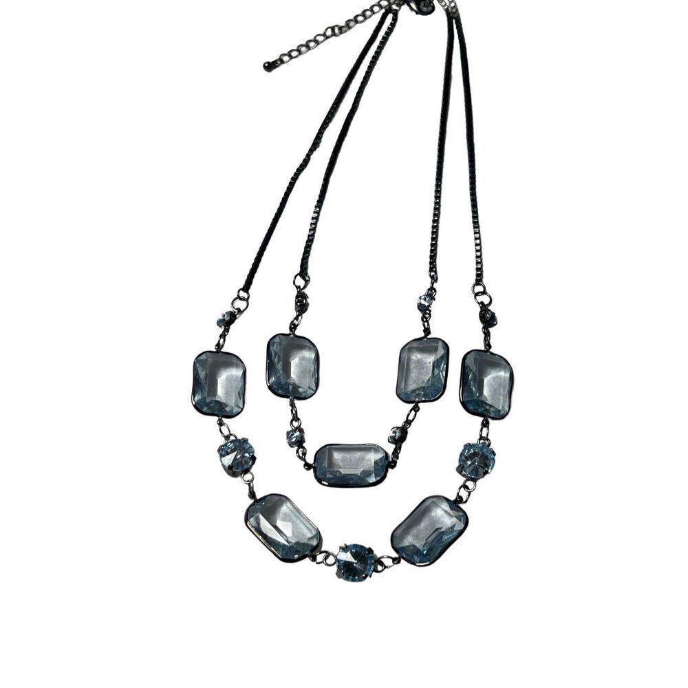 New Vtg Black Rhodium Light Blue Crystal Double Strand Rock Candy Necklace